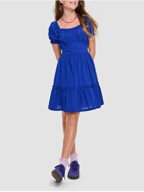 Place Girls' Royal Blue Puff-Sleeve Cotton Dress
